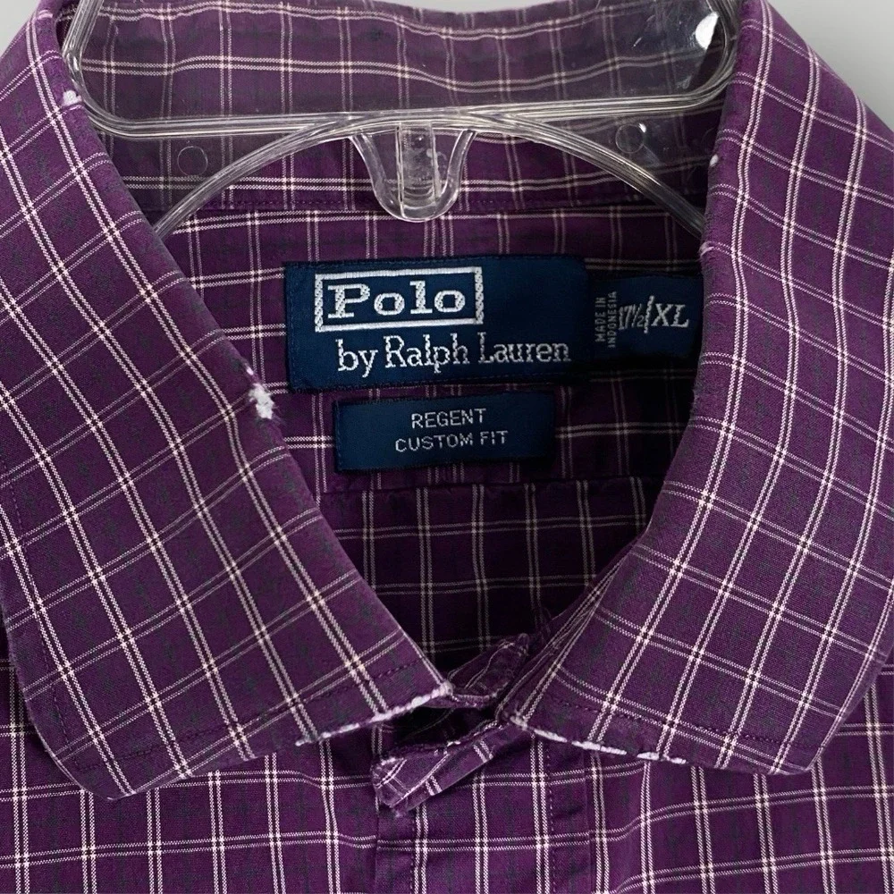 Polo Ralph Lauren Shirt Mens 17.5 XL Purple White Plaid Regent‎ Button Up